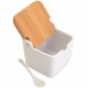 Saleiro 11x10x11cm De Mesa De Cerâmica C/Tampa De Bambu E Colher Bianco